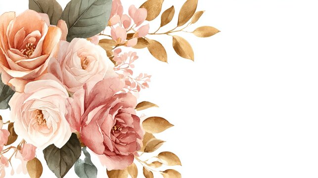 Elegant watercolor roses and golden leaves create a romantic and sophisticated floral border, perfect for invitations and elegant designs.