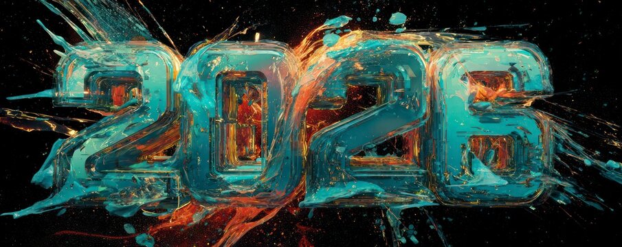 A bold, futuristic graphic of the numbers 2026 made of flowing liquid metal in the color Transformative Teal, splashed with abstract sparks