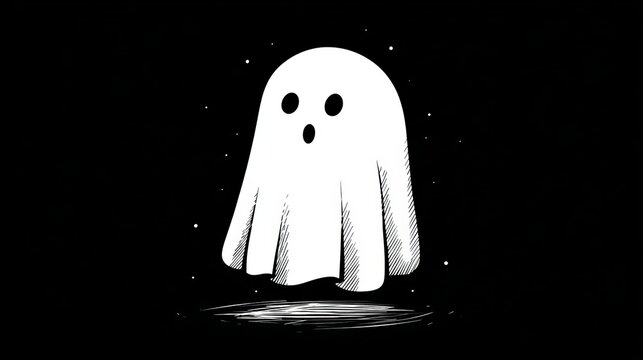 Whimsical white ghost floats mysteriously in dark space with subtle starry accents, perfect for Halloween fun - Powered by Adobe