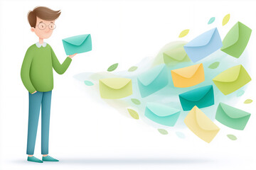 Young boy holding envelope with colorful letters floating around him, representing communication and connection in a whimsical illustration style