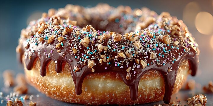 Chocolate glazed donut with colorful sprinkles and nuts