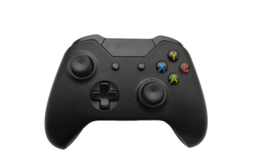 Black gaming controller isolated on transparent background. Modern joystick with colorful buttons, perfect for gaming designs, technology themes, or entertainment-related projects