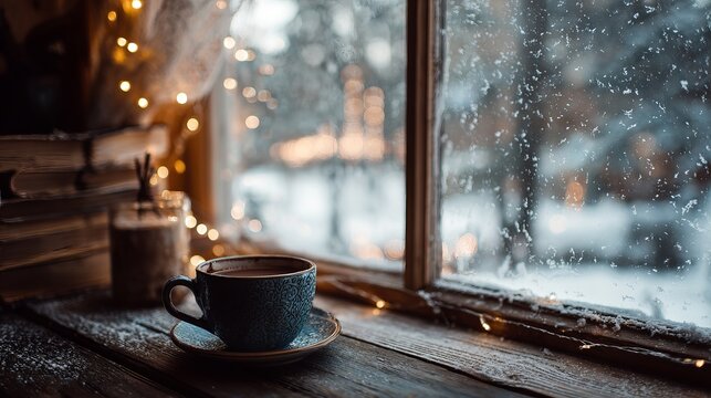 Cozy winter scene with steaming coffee cup, warm fairy lights, and snow falling outside a frosted window, perfect for holiday ambiance.