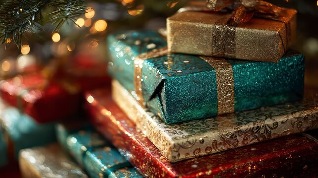 A close-up view of a pile of luxuriously wrapped presents (teal, red, gold) stacked casually under a tree - Powered by Adobe