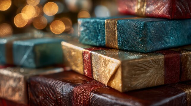 A close-up view of a pile of luxuriously wrapped presents (teal, red, gold) stacked casually under a tree