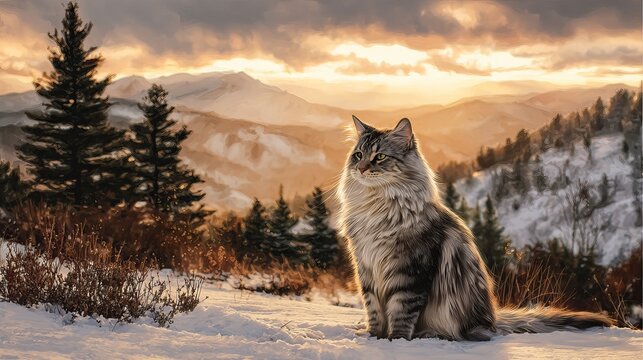 Majestic long-haired cat surveys snowy mountain vista at golden hour, evoking serenity and wild beauty