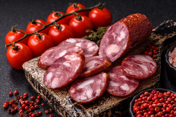 Smoked salami, thin beef or pork sausage, meat snacks. Salami sausage