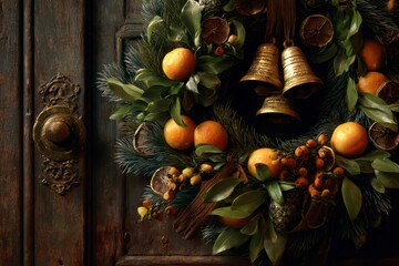 A detailed close-up of a sophisticated Christmas wreath made of fresh pine, dried oranges, and brass bells
