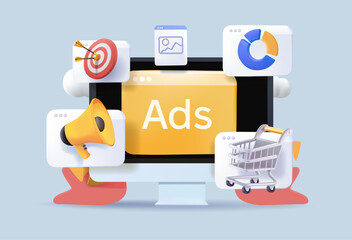 Digital marketing and social media ads, Strategies for online promotion, Targeting customers, and boosting engagement through SEO, AI, and Data, E-commerce, online advertising, 3D vector illustration