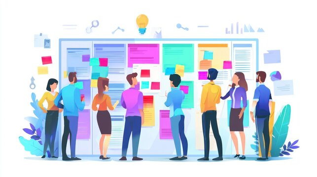 A flat design illustration of diverse people collaborating around a large, colorful kanban board, with tasks and sticky notes
