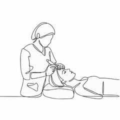 Line drawing of woman receiving beauty treatment in spa setting  