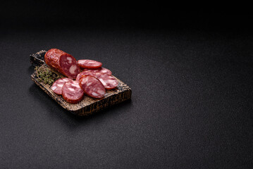 Smoked salami, thin beef or pork sausage, meat snacks. Salami sausage