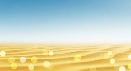 A serene landscape of golden sand dunes under a clear blue sky, with soft bokeh lights creating a magical and dreamy atmosphere, perfect for summer or vacation themes