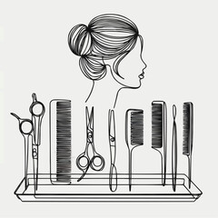 Woman's hairstyle outline with hairdressing tools illustration  