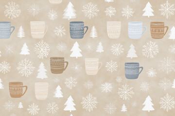 Cozy winter pattern featuring decorative mugs and snowflakes, with evergreen trees on a warm beige background, perfect for seasonal designs