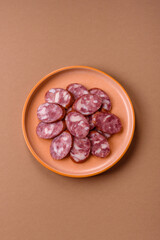 Smoked salami, thin beef or pork sausage, meat snacks. Salami sausage