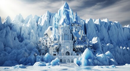 Majestic Ice Castle Amidst Frozen Landscape - A Winter Wonderland.