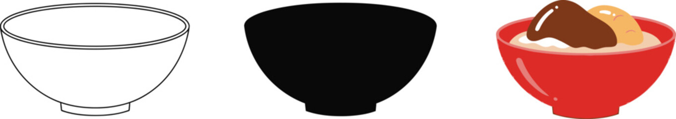 Empty bowl line art, silhouette, and red bowl with food illustration set, perfect for design, culinary themes, and graphic elements.