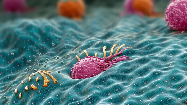 detailed imaging of immune cells engaging and breaking down cancer cells in tissue environment