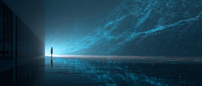 A lone figure standing on a walkway above a vast, illuminated sea of data points and abstract graphs in a stylized server room - Powered by Adobe