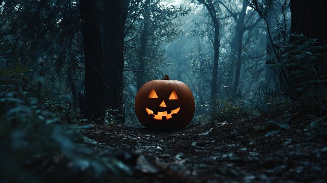 Spooky jack o lantern glows eerily in a dark, foggy forest path inviting Halloween frights and festive chills