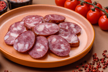Smoked salami, thin beef or pork sausage, meat snacks. Salami sausage