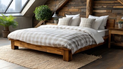 Cozy bedroom features wooden beams, large windows, and soft furnishings that invite relaxation and natural light into the space