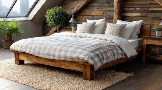 Cozy bedroom features wooden beams, large windows, and soft furnishings that invite relaxation and natural light into the space