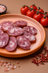 Smoked salami, thin beef or pork sausage, meat snacks. Salami sausage