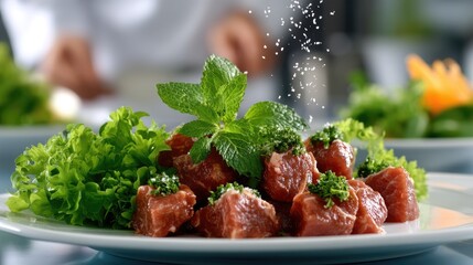 Chef seasons a large cut of meat with salt while surrounded by fresh vegetables and herbs in a vibrant kitchen environment
