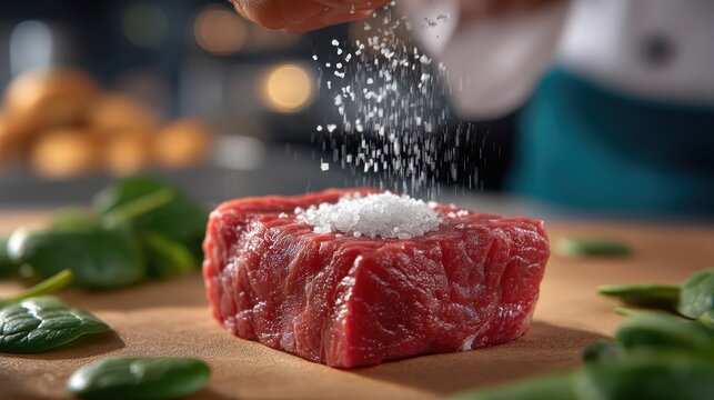 Chef seasons a large cut of meat with salt while surrounded by fresh vegetables and herbs in a vibrant kitchen environment - Powered by Adobe