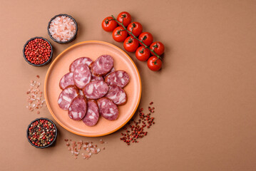Smoked salami, thin beef or pork sausage, meat snacks. Salami sausage