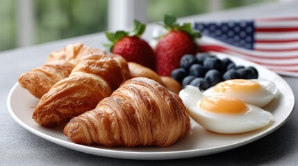 A lovely breakfast with croissants, sunny-side up eggs, fresh fruits, and drinks, all elegantly arranged for a bright morning