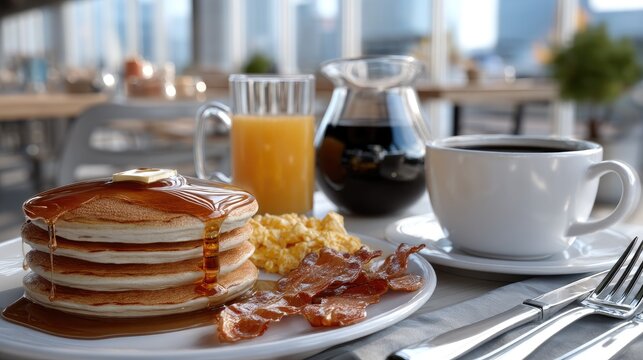 A hearty breakfast of fluffy pancakes, crispy bacon, and fresh orange juice is enjoyed at a lively outdoor dining spot in the city