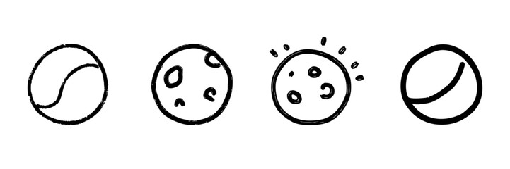 Obraz premium Tennis Ball And Planet Line Icon Set In Doodle Style. Sports Equipment And Celestial Bodies Outline Sketch Collection. Hand Drawn Isolated Vector Illustration