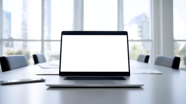 A minimalist home office setup with a sleek laptop displaying a team video conference call mockup