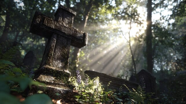 Serene forest cemetery bathed in ethereal sunbeams illuminating ancient stone cross and wild purple flowers