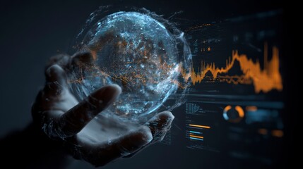 A pair of human hands manipulating a holographic globe covered in real-time flowing data lines and charts