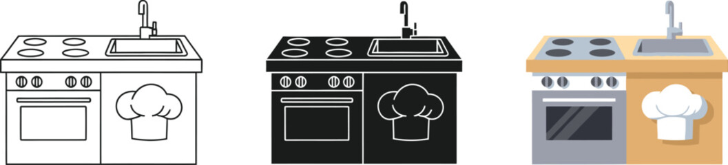 Kitchen stove, oven, and sink unit with chef hat icon in three distinct styles: outline, black silhouette, and colorful flat design vector illustration.