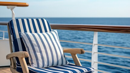 Fototapeta premium Relaxing on a blue and white striped deck chair, enjoying calm sea waters and gentle waves under a clear sky