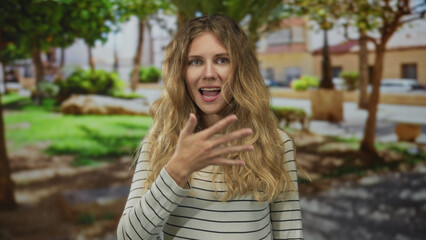 Obraz premium Woman raising hand while speaking in park shows a blonde young outdoor smile gesture with her casual style.