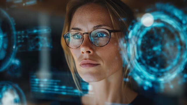 A professional female business analyst working in a sleek modern office, surrounded by glowing data visualizations