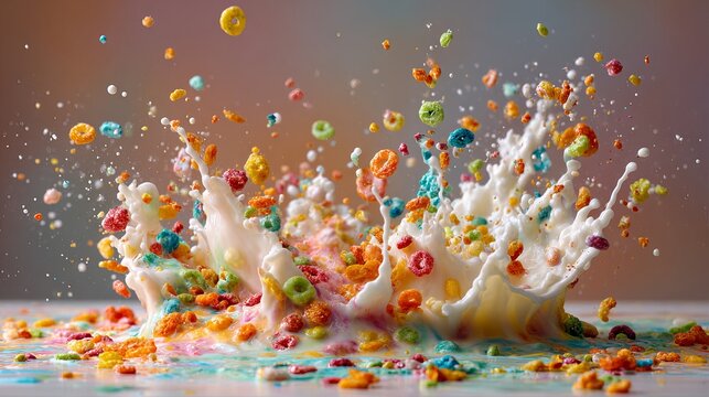 Explosion of vibrant colorful cereal pieces splashing into creamy milk creating a dynamic and playful breakfast moment