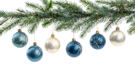 decorative balls on fir tree, Christmas garland isolated on transparent background