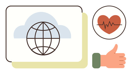Globe inside cloud symbolizing global connectivity, heartbeat icon for health, and thumbs-up for positivity. Ideal for technology, health, communication, environment, networking, wellness simple