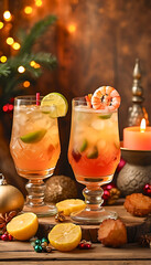 Obraz premium Two festive tropical cocktails garnished with lime slices and shrimp sit on a rustic wooden surface, surrounded by lemons, pastries, Christmas ornaments, candles, and warm holiday lights.