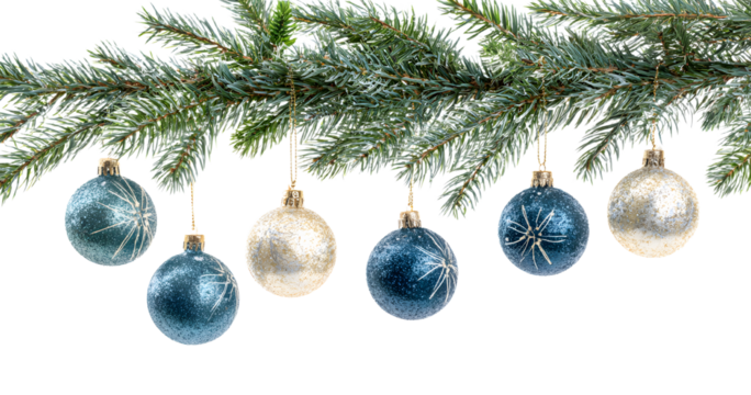 decorative balls on fir tree, Christmas garland isolated on transparent background