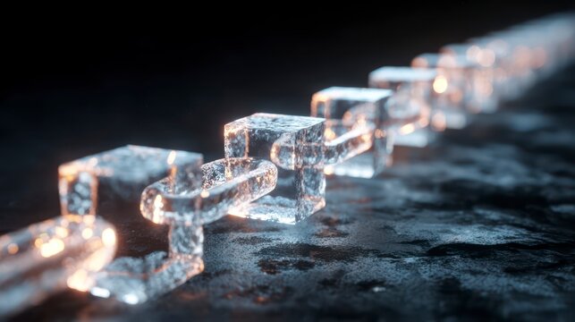 A series of interlocking, transparent, glowing cubes forming a long chain into the distance