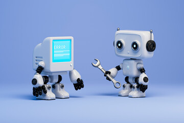 3D robot repairing blue error screen companion