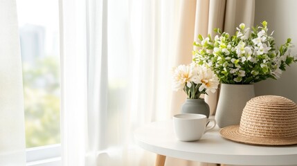 Sunlight streams through a window onto a linen-covered table adorned with a straw hat, tea set, and flowers, enhancing tranquility